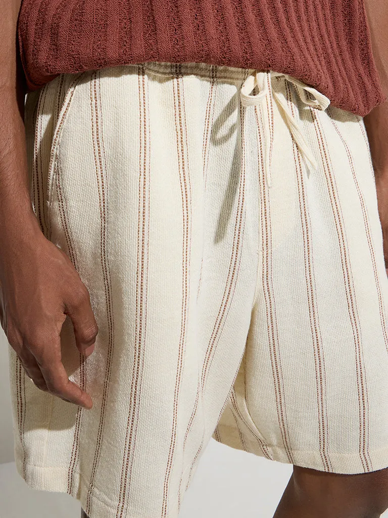 ETA Light Beige Striped Relaxed-Fit Mid-Rise Cotton Shorts