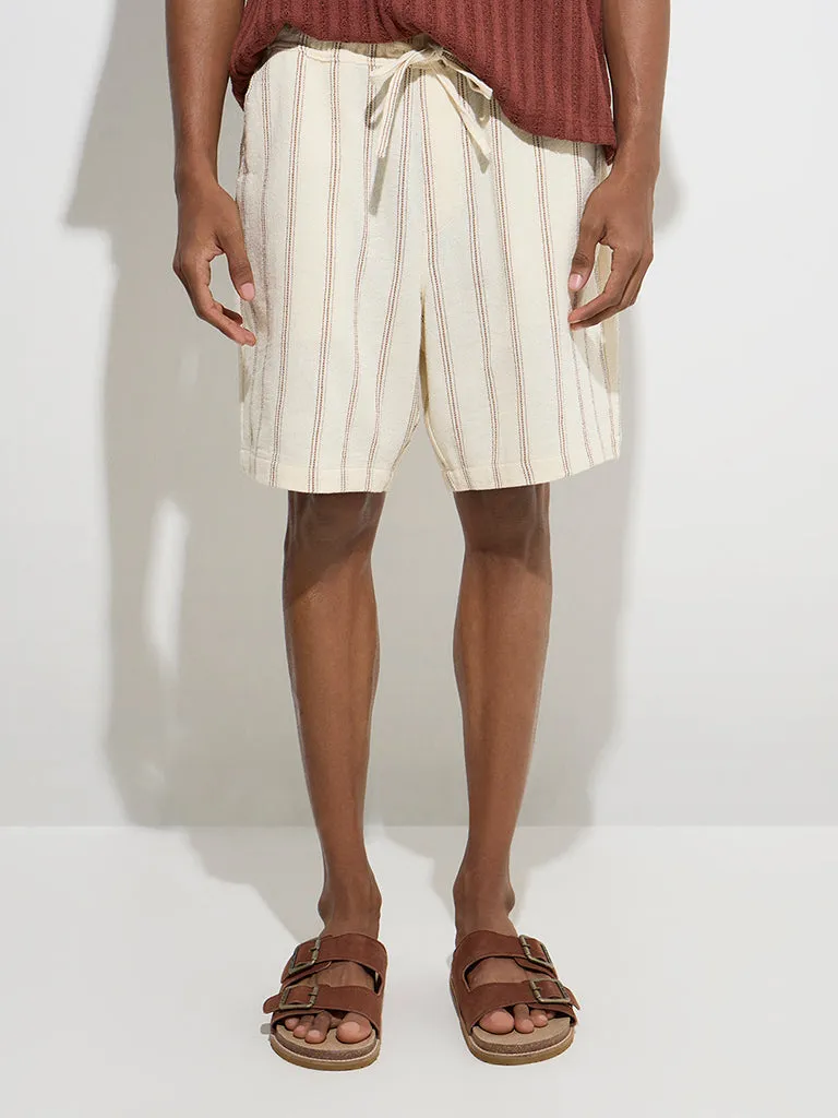 ETA Light Beige Striped Relaxed-Fit Mid-Rise Cotton Shorts
