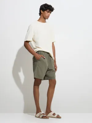 ETA Olive Solid Relaxed-Fit Mid-Rise Cotton-Blend Shorts