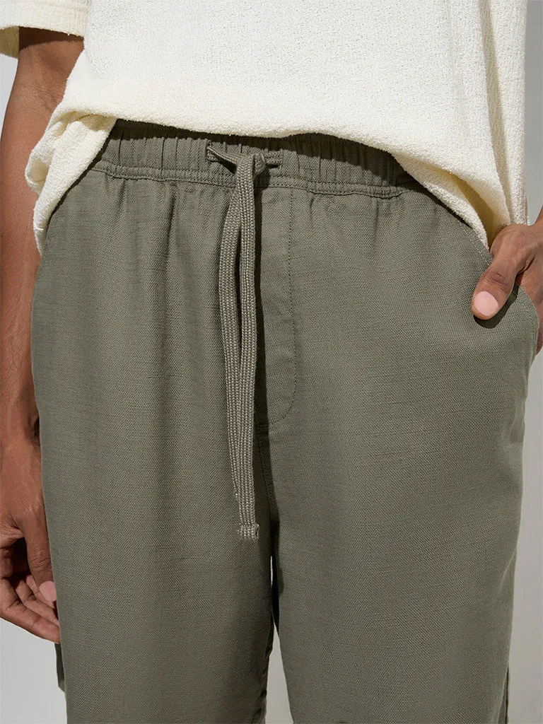 ETA Olive Solid Relaxed-Fit Mid-Rise Cotton-Blend Shorts