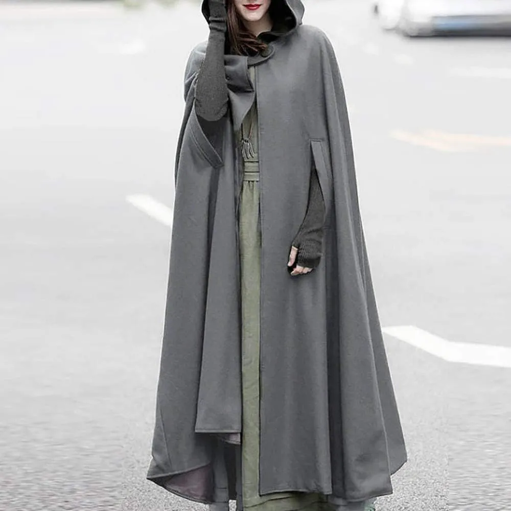 Fashion Hooded Trench Coat Cloak Halloween Costumes Woman 2025 Solid Split Woolen Outerwear Long Hoodies