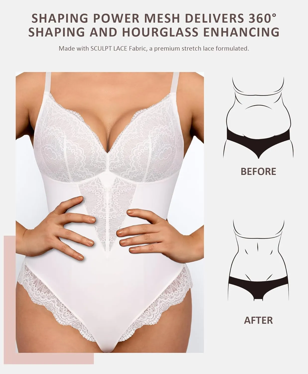 FeelinGirl Lace Shapewear Bodysuit for Women Tummy Control Body Suits V Neck Corset Shapewear Thong Slimming Body Shaper