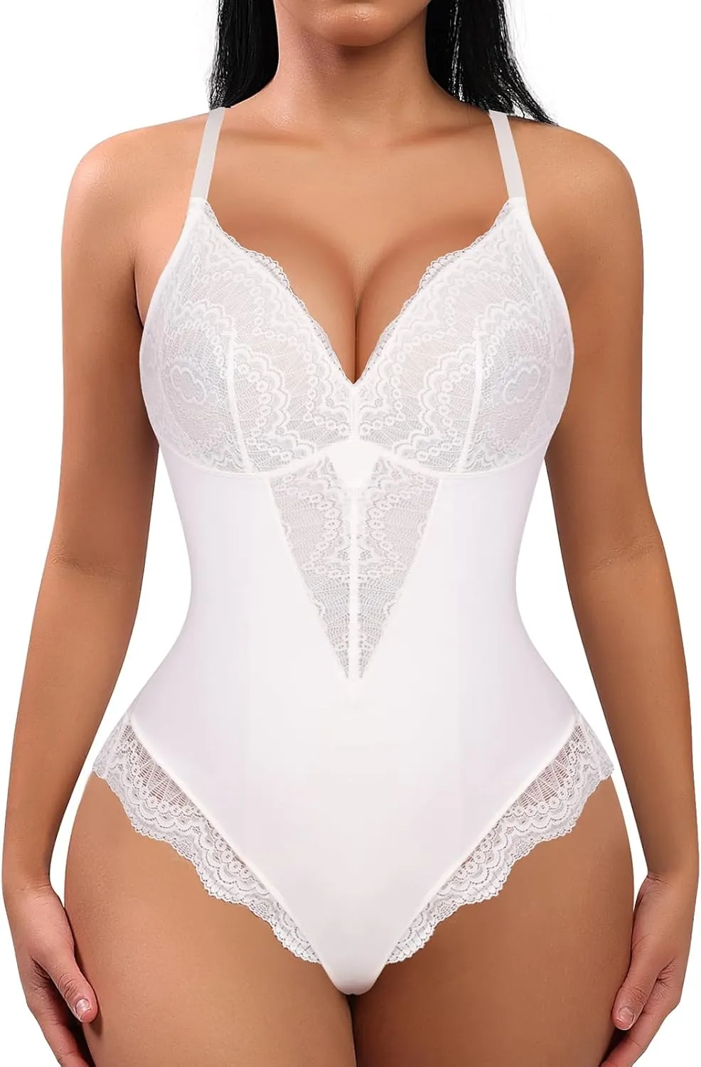 FeelinGirl Lace Shapewear Bodysuit for Women Tummy Control Body Suits V Neck Corset Shapewear Thong Slimming Body Shaper