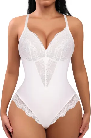 FeelinGirl Lace Shapewear Bodysuit for Women Tummy Control Body Suits V Neck Corset Shapewear Thong Slimming Body Shaper