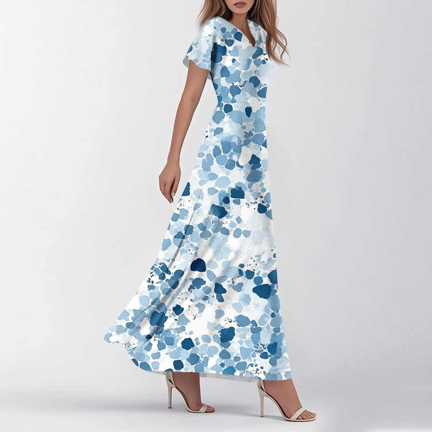 Floral Wedding Guest Dresses for Women Casual Boho V-Neck Ruffle Short Sleeve Aline Swing Long Dress,XS-2XL