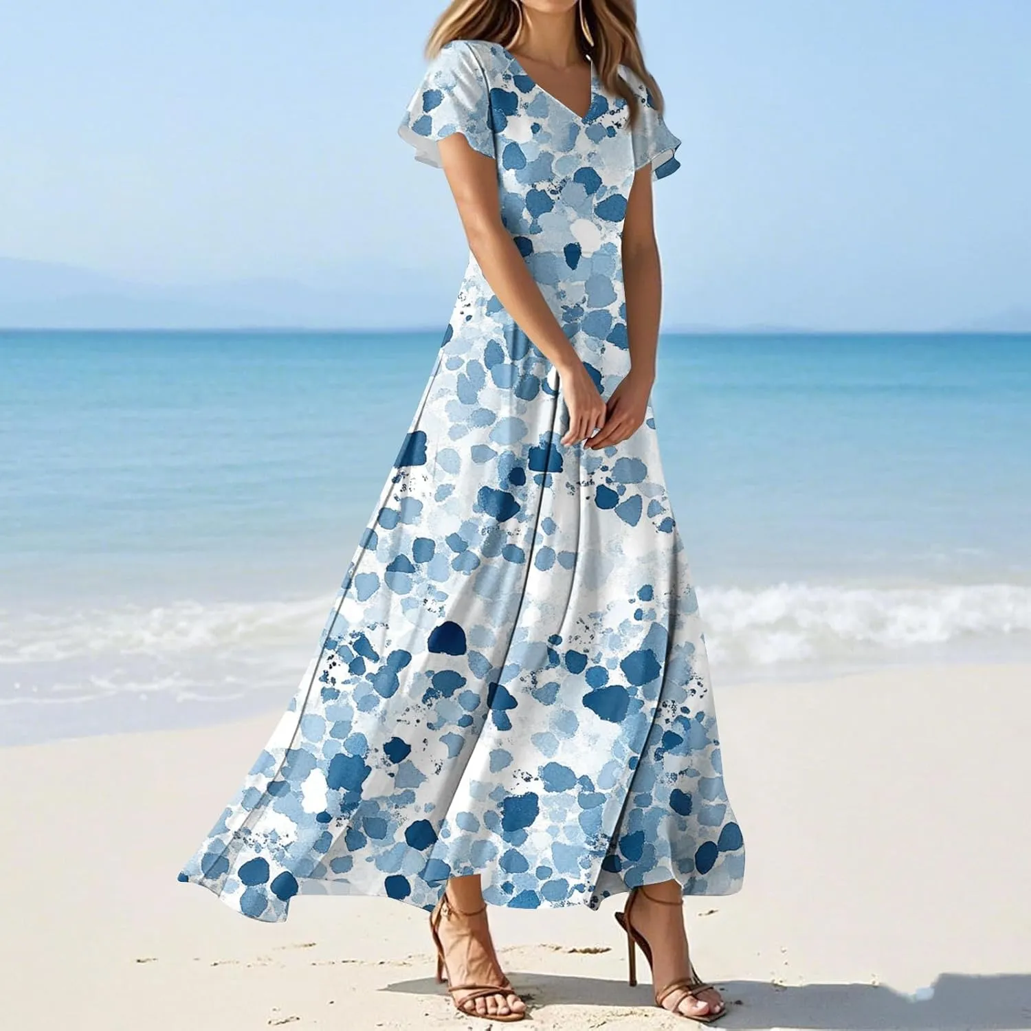 Floral Wedding Guest Dresses for Women Casual Boho V-Neck Ruffle Short Sleeve Aline Swing Long Dress,XS-2XL