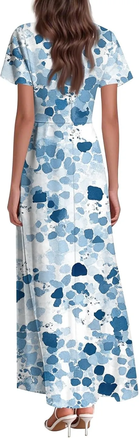 Floral Wedding Guest Dresses for Women Casual Boho V-Neck Ruffle Short Sleeve Aline Swing Long Dress,XS-2XL