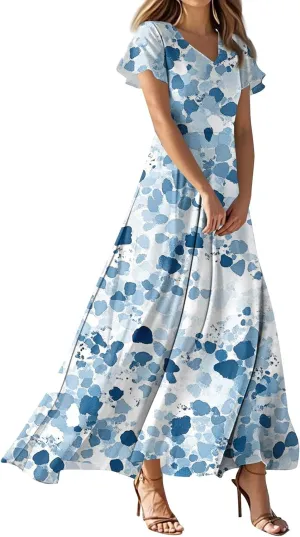 Floral Wedding Guest Dresses for Women Casual Boho V-Neck Ruffle Short Sleeve Aline Swing Long Dress,XS-2XL
