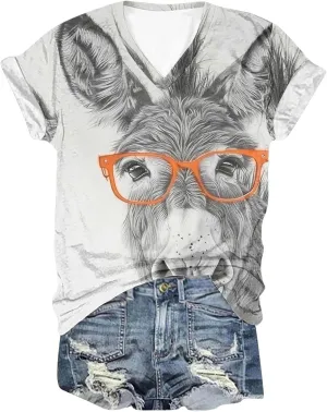 Funny Donkey Animal Graphic Tee Shirt for Women Cute Tops 2024 Summer Plus Size V Neck Short Sleeve Boyfriend Shirt