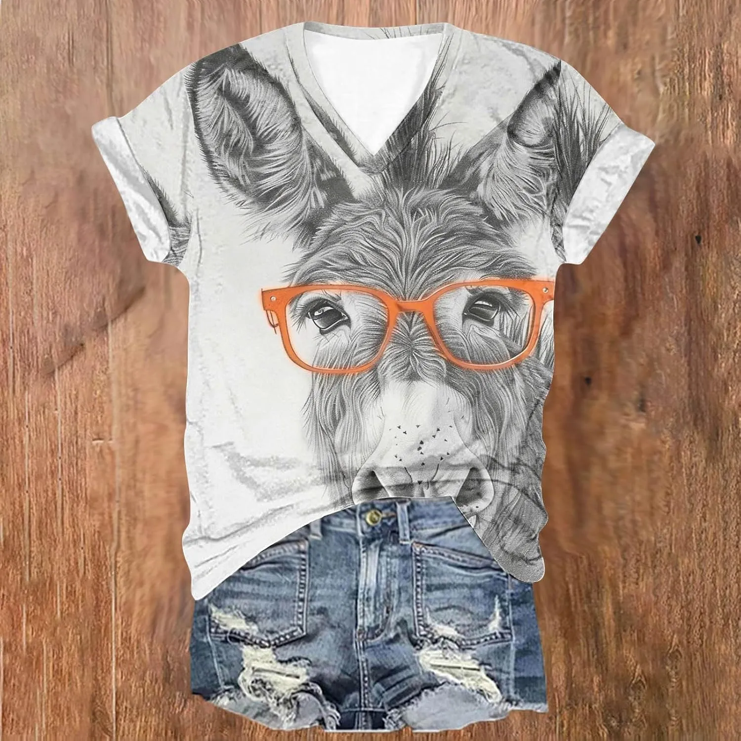 Funny Donkey Animal Graphic Tee Shirt for Women Cute Tops 2024 Summer Plus Size V Neck Short Sleeve Boyfriend Shirt
