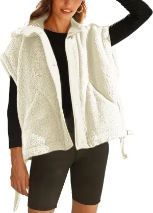 Gozoloma Women's Oversized Fleece Vest Sleeveless Casual Button Down Piecing Fuzzy Sherpa Gilet Jacket with Pockets