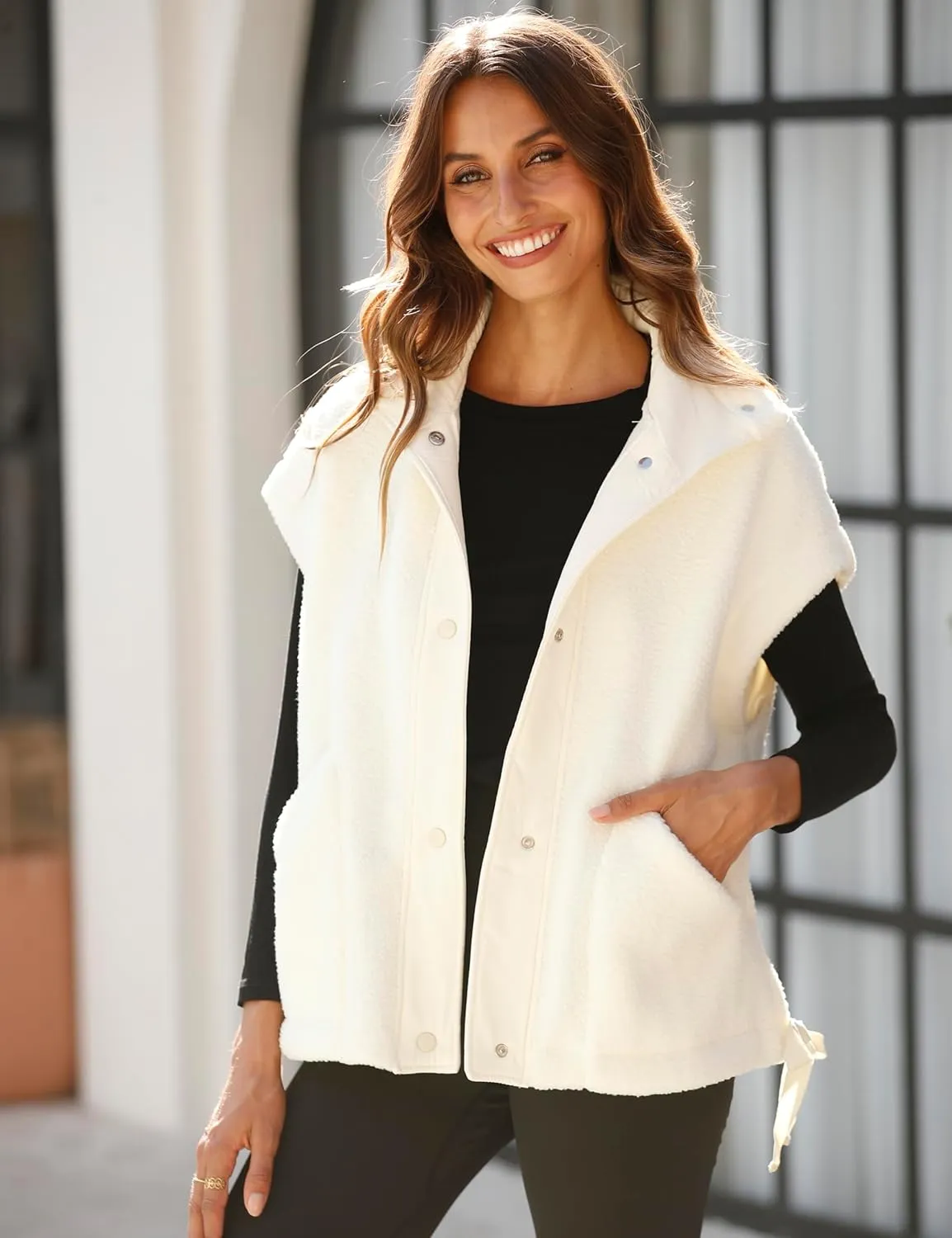 Gozoloma Women's Oversized Fleece Vest Sleeveless Casual Button Down Piecing Fuzzy Sherpa Gilet Jacket with Pockets