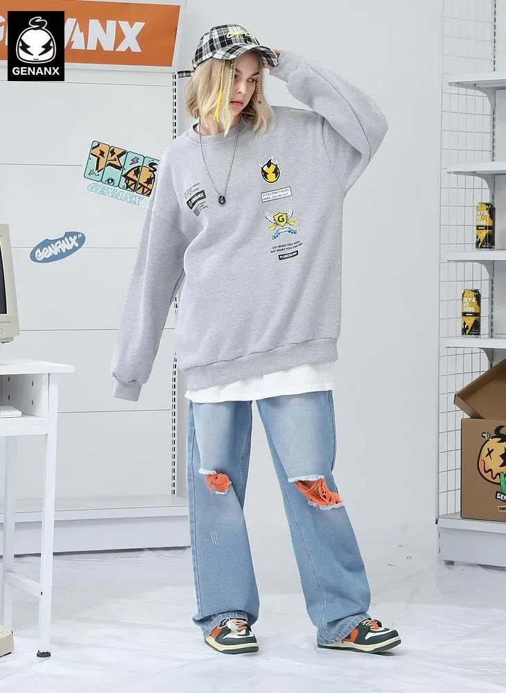 Gray Graphic Couple Pullover Sweatshirt