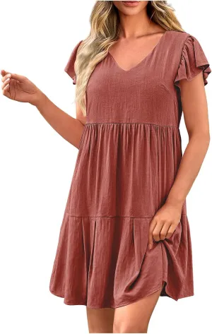 hlysgo Women's 2024 Summer Short Dress V Neck Flutter Sleeve Tiered Ruffle Dresses Casual Loose Cute Mini Dress