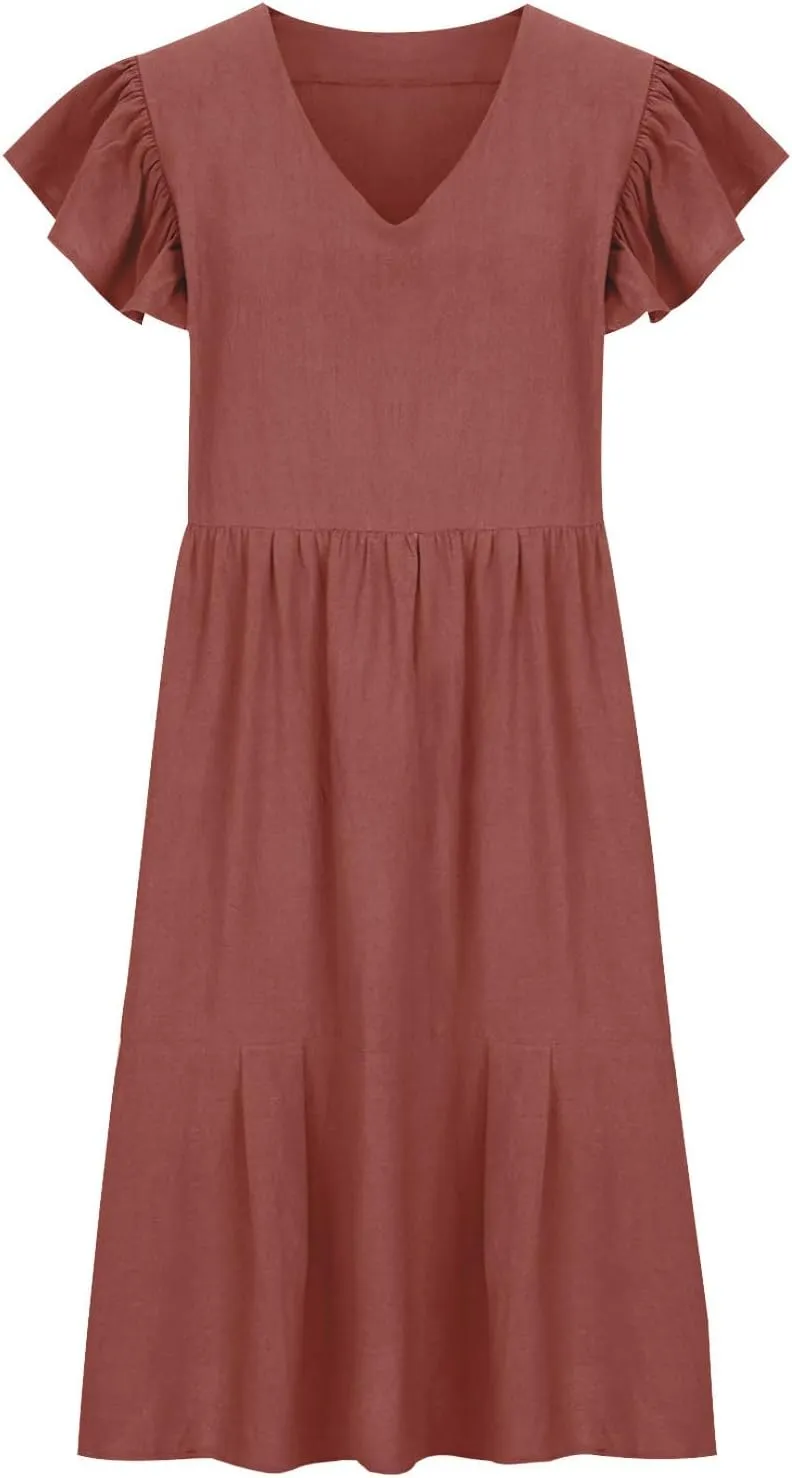 hlysgo Women's 2024 Summer Short Dress V Neck Flutter Sleeve Tiered Ruffle Dresses Casual Loose Cute Mini Dress