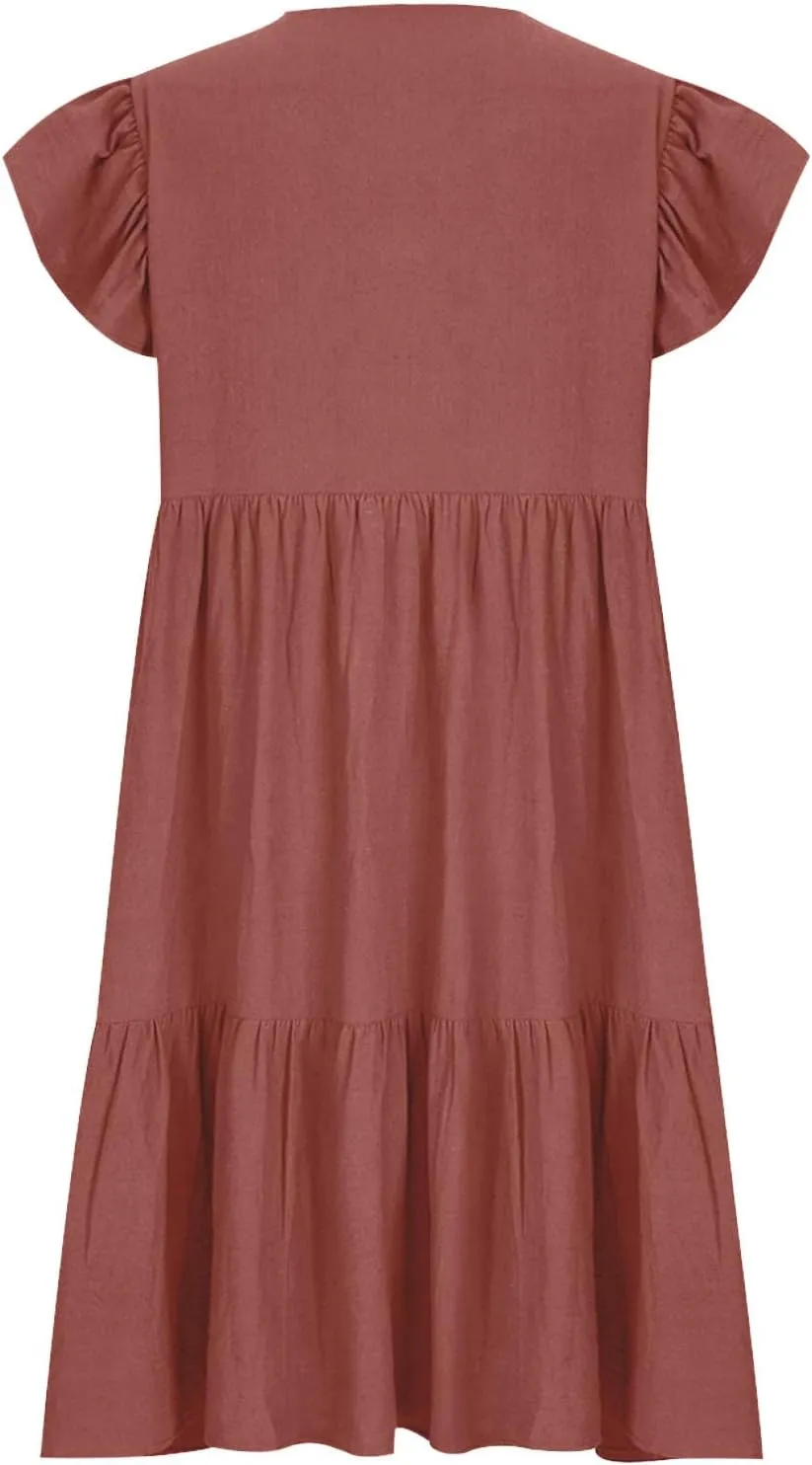 hlysgo Women's 2024 Summer Short Dress V Neck Flutter Sleeve Tiered Ruffle Dresses Casual Loose Cute Mini Dress