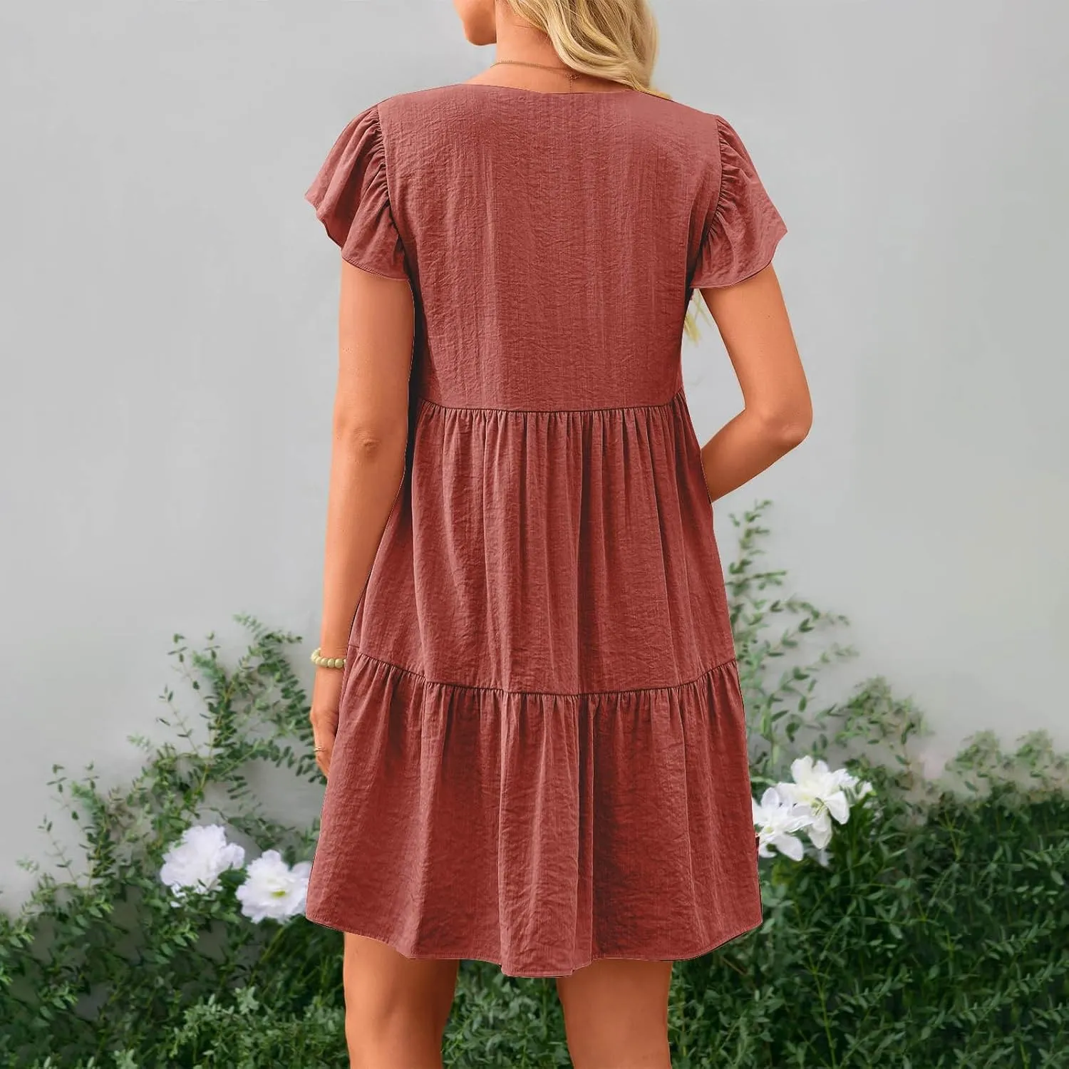 hlysgo Women's 2024 Summer Short Dress V Neck Flutter Sleeve Tiered Ruffle Dresses Casual Loose Cute Mini Dress
