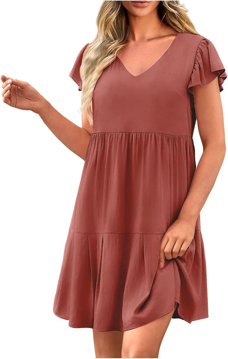 hlysgo Women's 2024 Summer Short Dress V Neck Flutter Sleeve Tiered Ruffle Dresses Casual Loose Cute Mini Dress