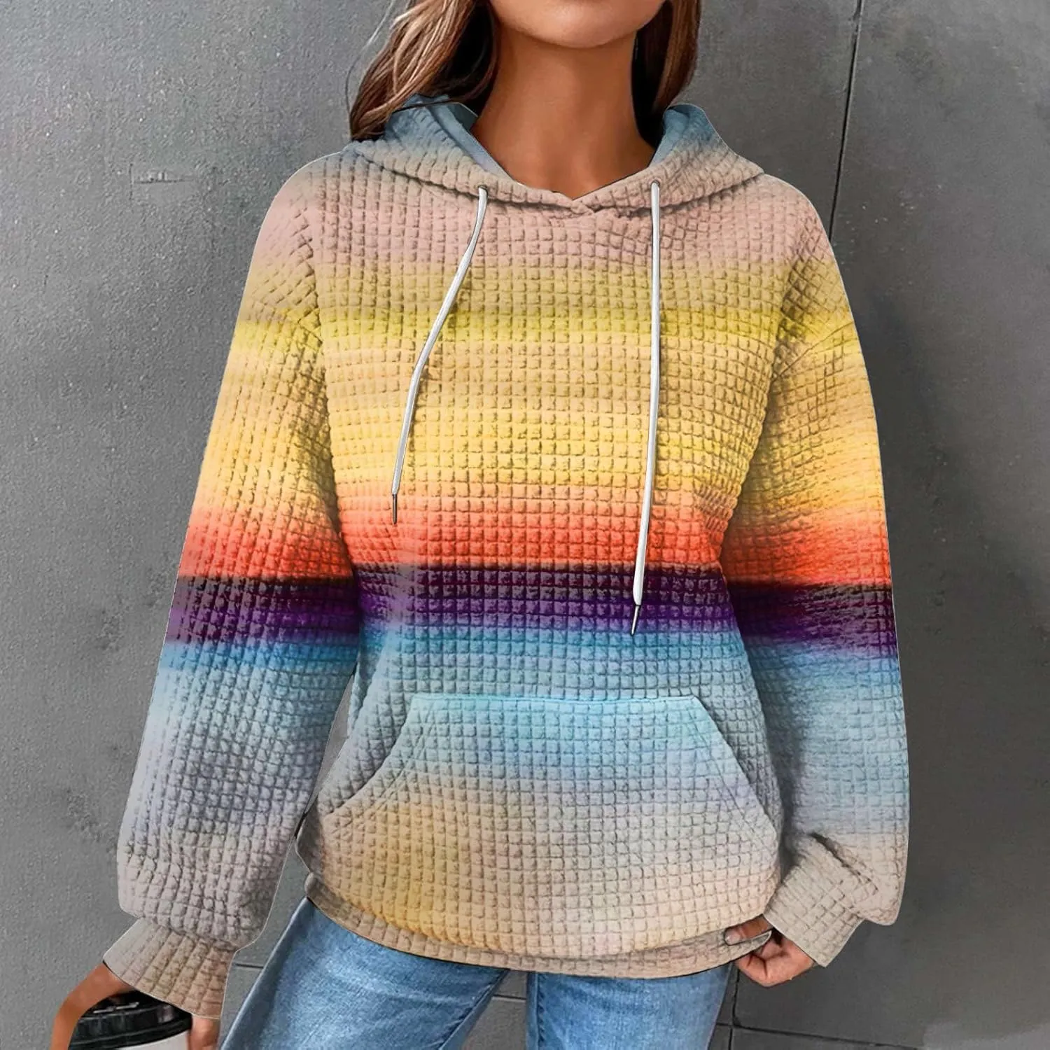 Hoodies for Women Waffle Knit Cute Hoodies Drawstring Pullover Sweatshirts Fashion Casual Sweaters Comfy Fall Clothes Outfits