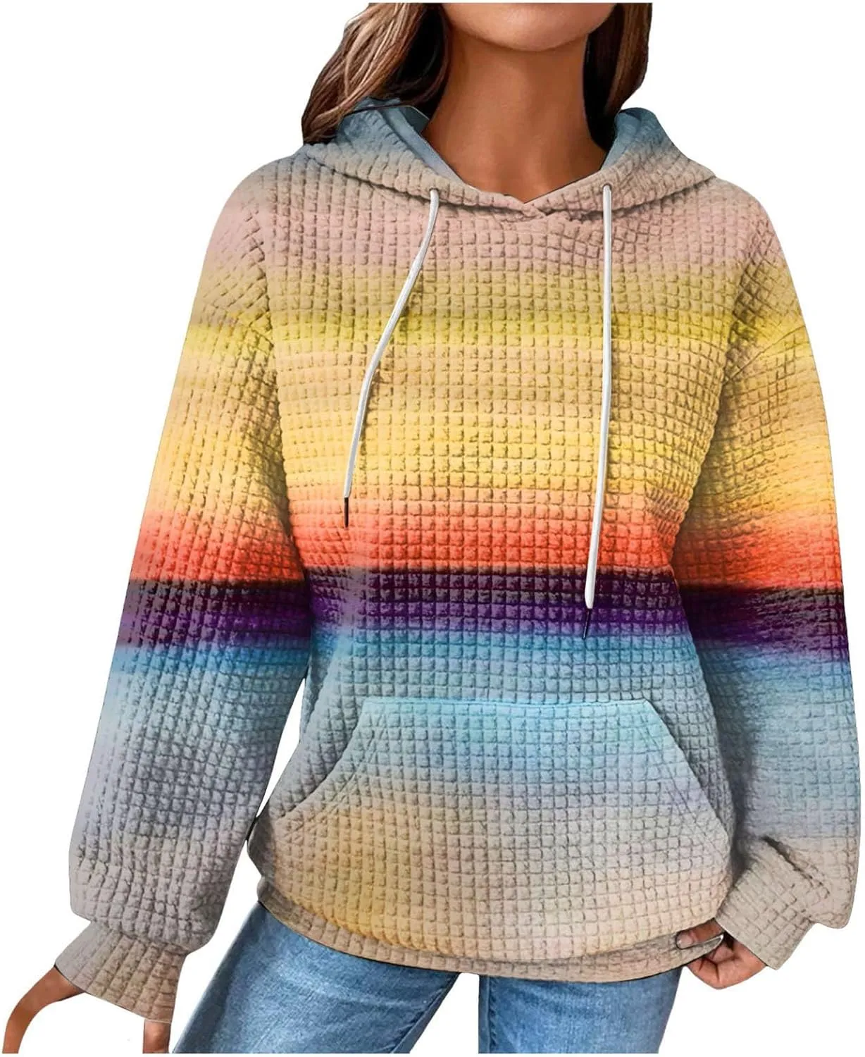 Hoodies for Women Waffle Knit Cute Hoodies Drawstring Pullover Sweatshirts Fashion Casual Sweaters Comfy Fall Clothes Outfits