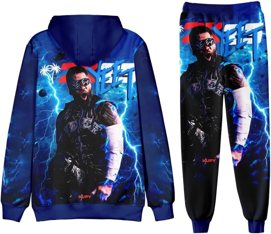 Jey Uso YEET 3D Fall Suit Hoodies Sportswear Hooded Ankle Banded Pant Two Piece Set