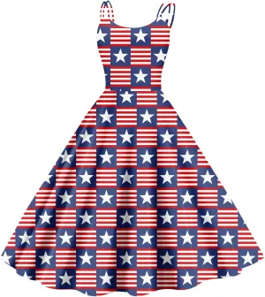 July 4 Dress Women Midi Red White and Blue Dresses Sleeveless Patriotic Dress Holiday Festival Dresses S,M,L,XL,XXL