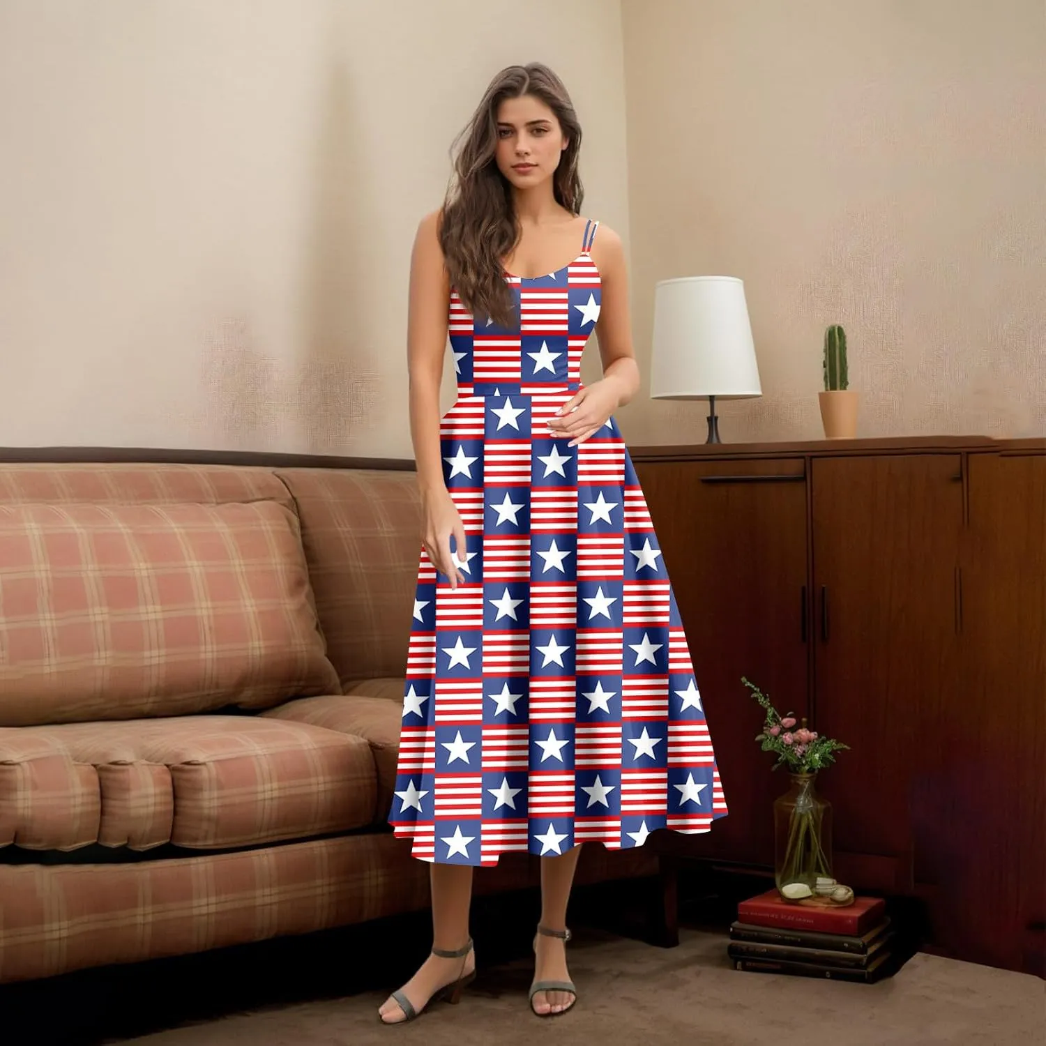 July 4 Dress Women Midi Red White and Blue Dresses Sleeveless Patriotic Dress Holiday Festival Dresses S,M,L,XL,XXL