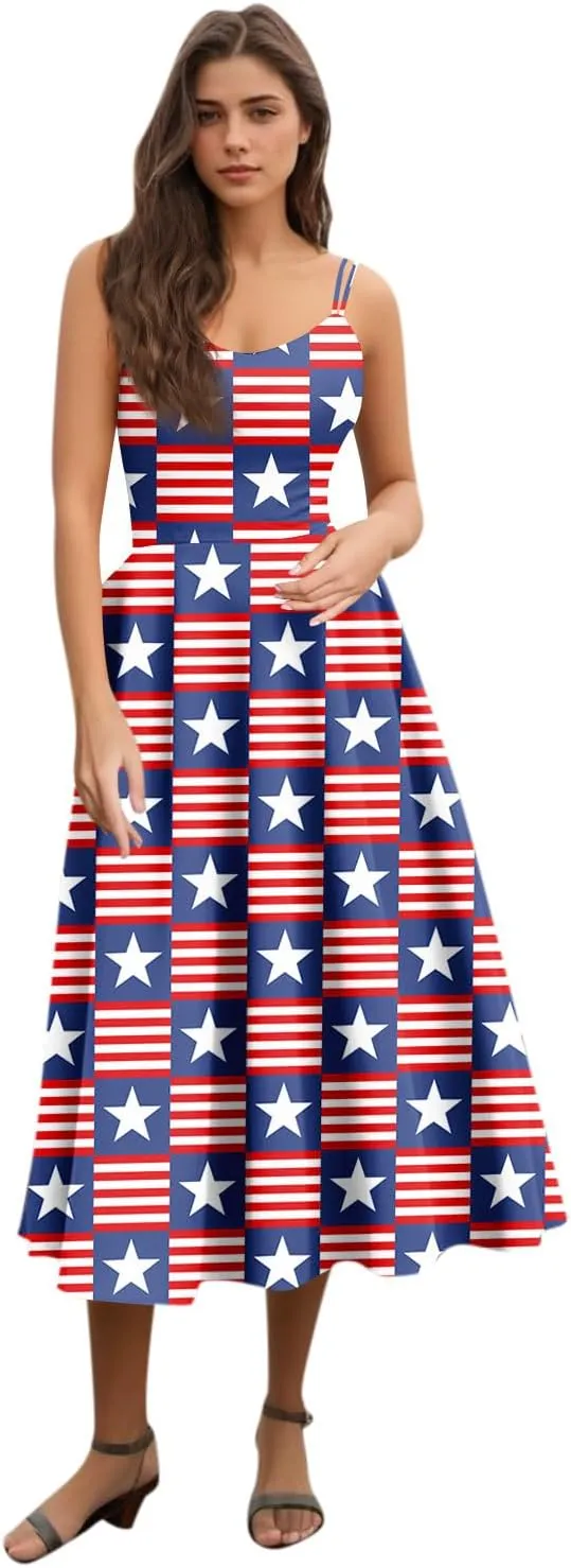 July 4 Dress Women Midi Red White and Blue Dresses Sleeveless Patriotic Dress Holiday Festival Dresses S,M,L,XL,XXL