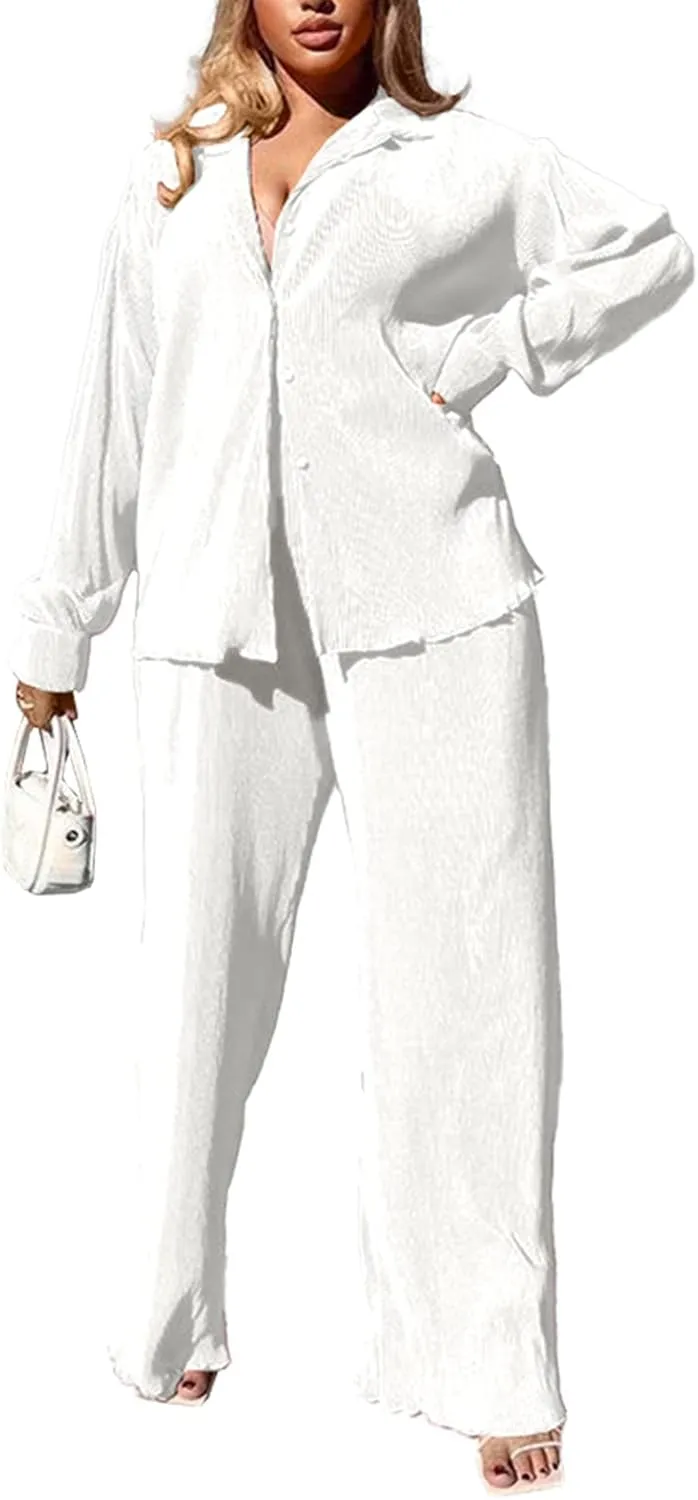 kaimimei Casual 2 Piece Outfit for Women - Linen Long Sleeve Button Down Shirt   Flare Pleated Wide Leg Pants Sets Streetwear