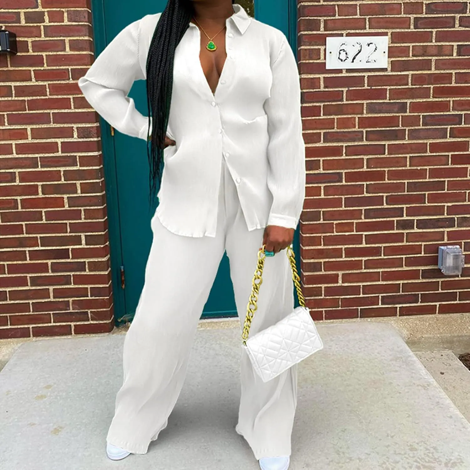kaimimei Casual 2 Piece Outfit for Women - Linen Long Sleeve Button Down Shirt   Flare Pleated Wide Leg Pants Sets Streetwear