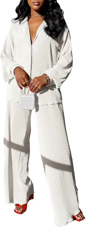 kaimimei Casual 2 Piece Outfit for Women - Linen Long Sleeve Button Down Shirt   Flare Pleated Wide Leg Pants Sets Streetwear