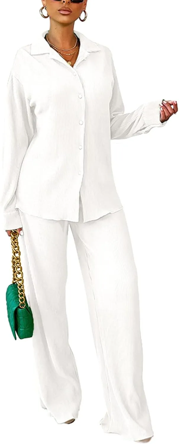 kaimimei Casual 2 Piece Outfit for Women - Linen Long Sleeve Button Down Shirt   Flare Pleated Wide Leg Pants Sets Streetwear