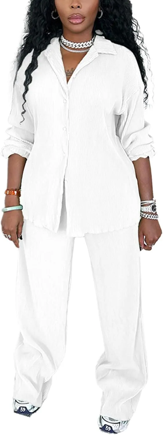 kaimimei Casual 2 Piece Outfit for Women - Linen Long Sleeve Button Down Shirt   Flare Pleated Wide Leg Pants Sets Streetwear