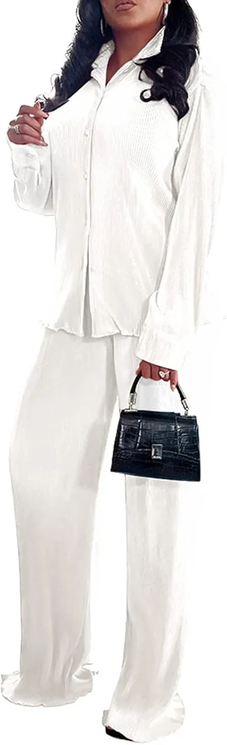 kaimimei Casual 2 Piece Outfit for Women - Linen Long Sleeve Button Down Shirt   Flare Pleated Wide Leg Pants Sets Streetwear