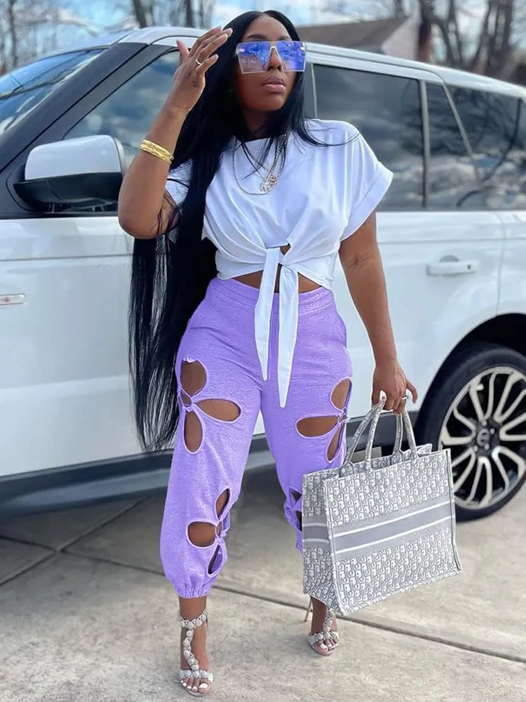 KEYUFANG Women 2 Piece Outfits Set Casual Crop Top Shirt Hollowed Out Sweatpants Women Fashion Tracksuit