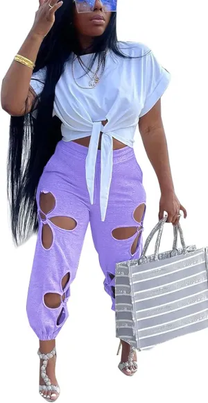 KEYUFANG Women 2 Piece Outfits Set Casual Crop Top Shirt Hollowed Out Sweatpants Women Fashion Tracksuit