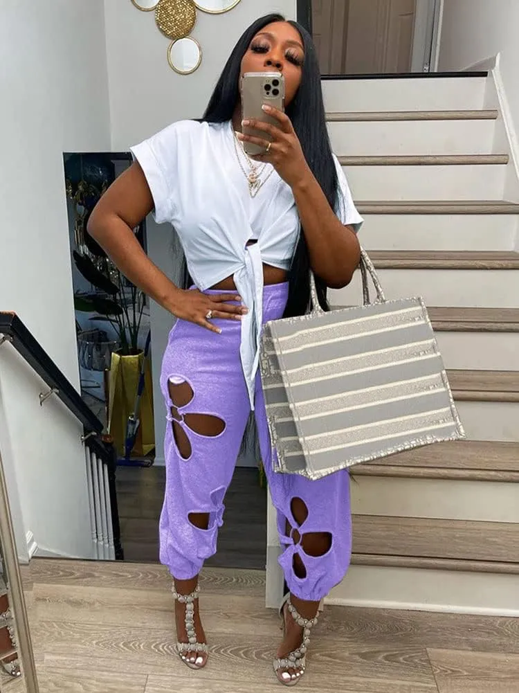KEYUFANG Women 2 Piece Outfits Set Casual Crop Top Shirt Hollowed Out Sweatpants Women Fashion Tracksuit