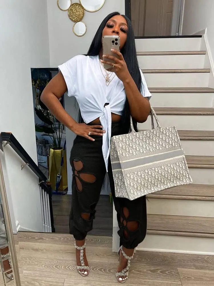 KEYUFANG Women 2 Piece Outfits Set Casual Crop Top Shirt Hollowed Out Sweatpants Women Fashion Tracksuit