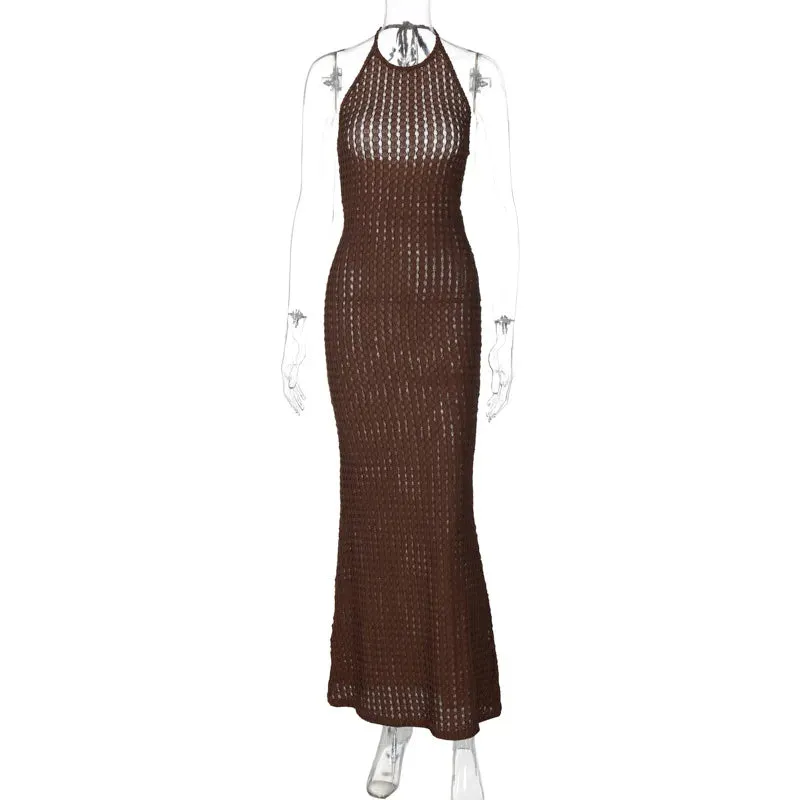 Knitted Hollow Out Sheer Backless Slim Beach Halter Neck Stylish Maxi Dress