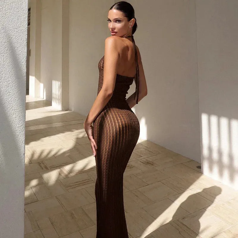 Knitted Hollow Out Sheer Backless Slim Beach Halter Neck Stylish Maxi Dress