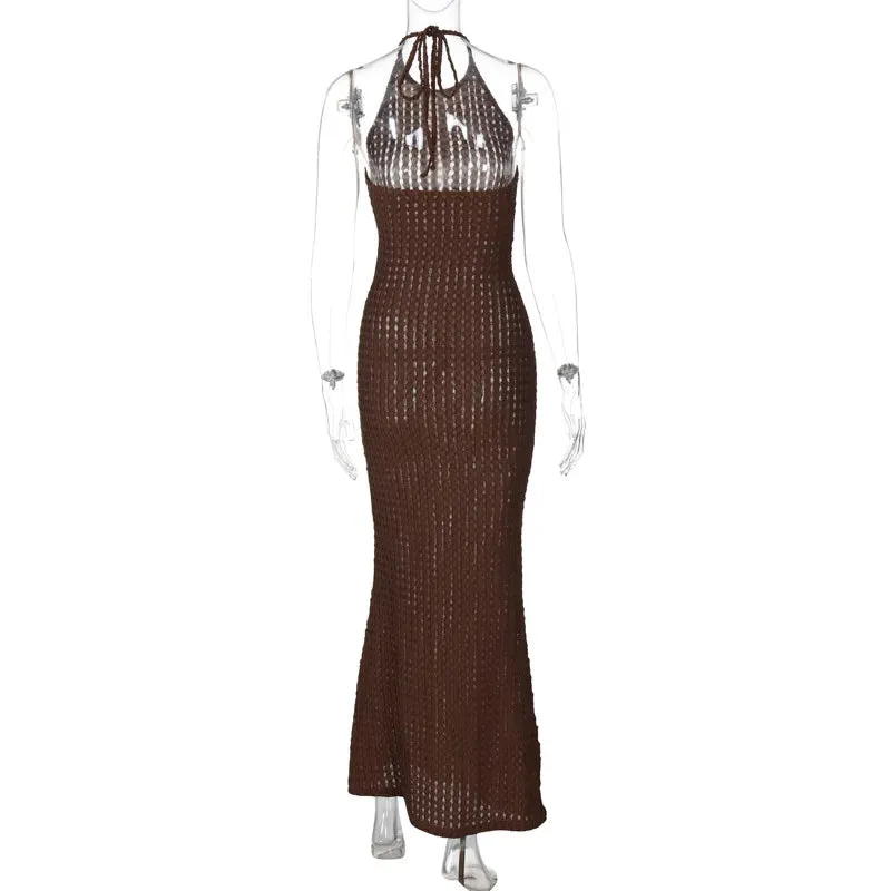 Knitted Hollow Out Sheer Backless Slim Beach Halter Neck Stylish Maxi Dress