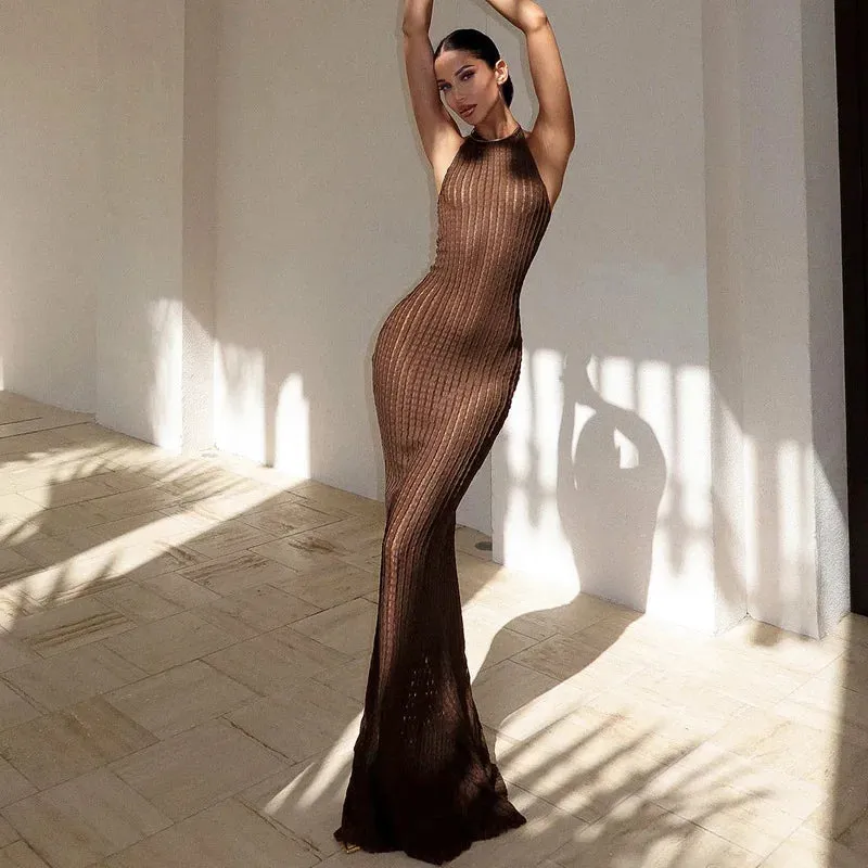 Knitted Hollow Out Sheer Backless Slim Beach Halter Neck Stylish Maxi Dress