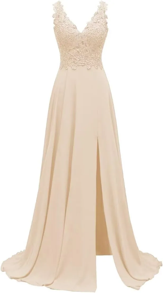 Lace Appliques Chiffon Bridesmaid Dresses 2025 Long Beaded Prom Dress A Line Formal Party Evening Gowns with Slit for Women