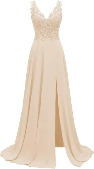 Lace Appliques Chiffon Bridesmaid Dresses 2025 Long Beaded Prom Dress A Line Formal Party Evening Gowns with Slit for Women