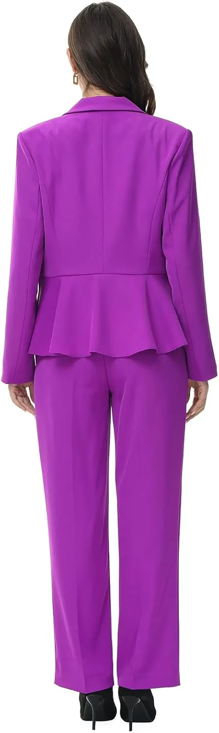 Lamgool Women's Suit Outfits Set 2 Piece Ruffle Blazer with Pants Suit Set Long Sleeve Business Casual
