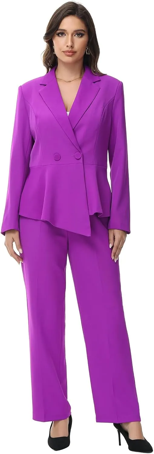 Lamgool Women's Suit Outfits Set 2 Piece Ruffle Blazer with Pants Suit Set Long Sleeve Business Casual