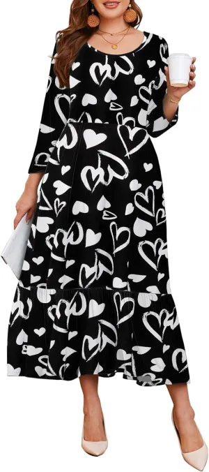 LARACE 3/4 Sleeve Dresses for Women Plus Size Casual Long Maxi Fall Winter Dress with Pockets (L-6XL)