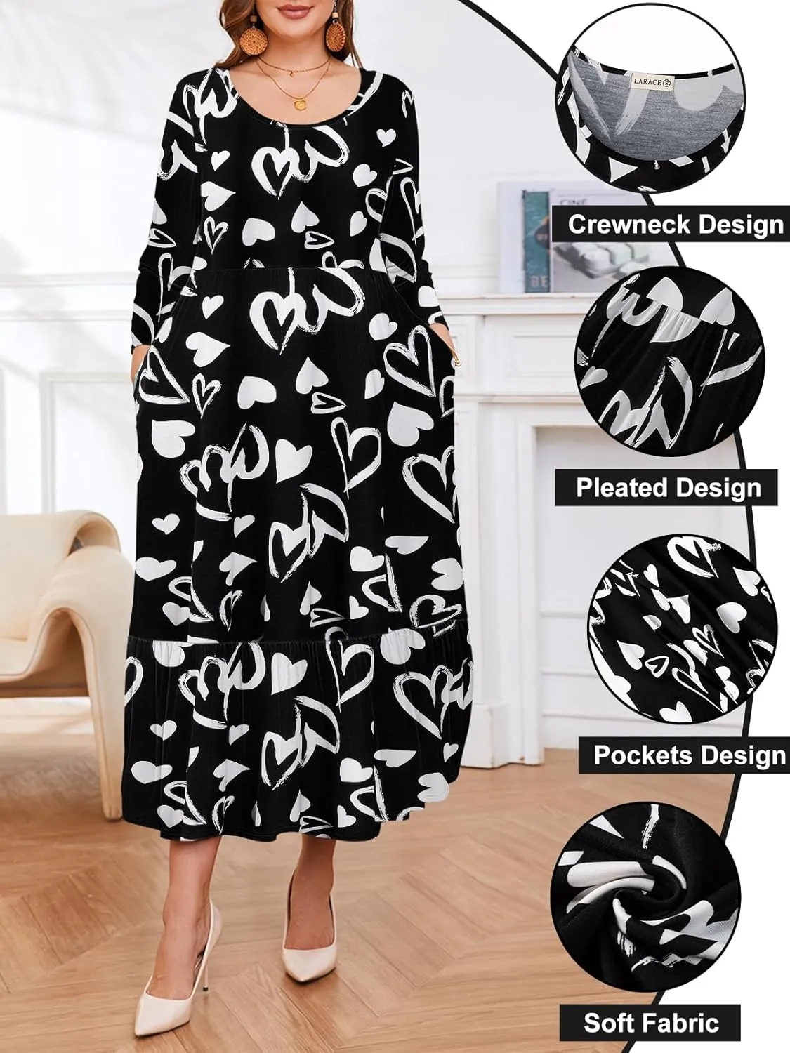 LARACE 3/4 Sleeve Dresses for Women Plus Size Casual Long Maxi Fall Winter Dress with Pockets (L-6XL)