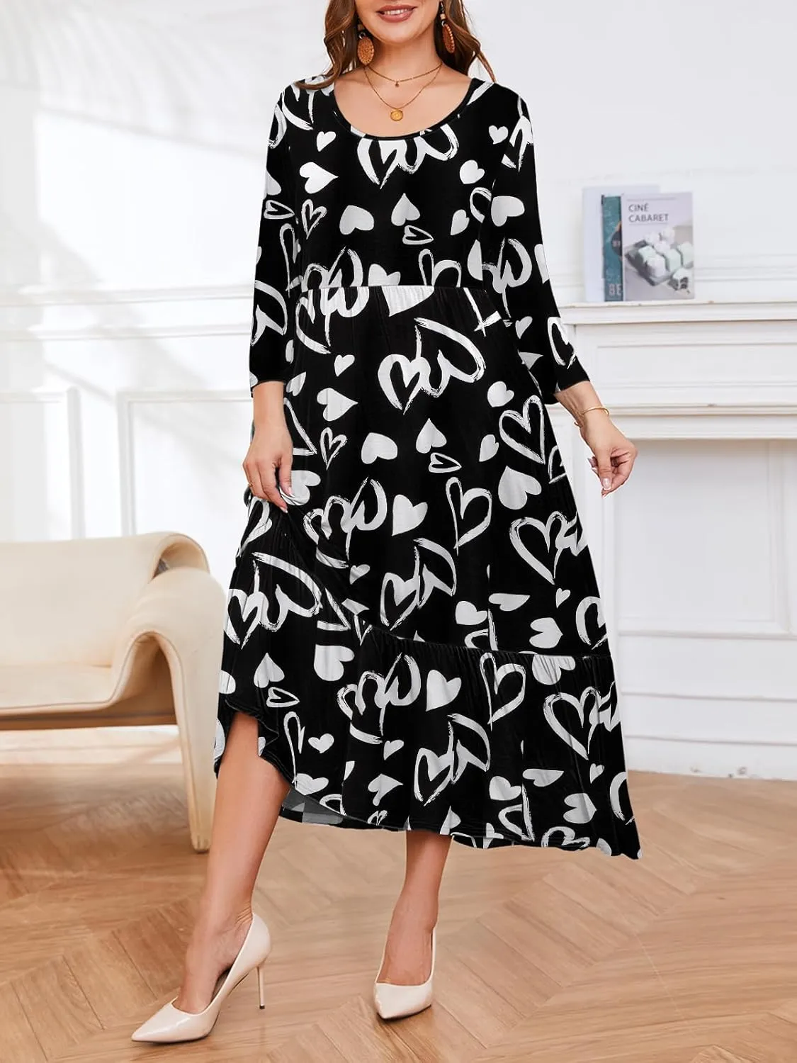 LARACE 3/4 Sleeve Dresses for Women Plus Size Casual Long Maxi Fall Winter Dress with Pockets (L-6XL)