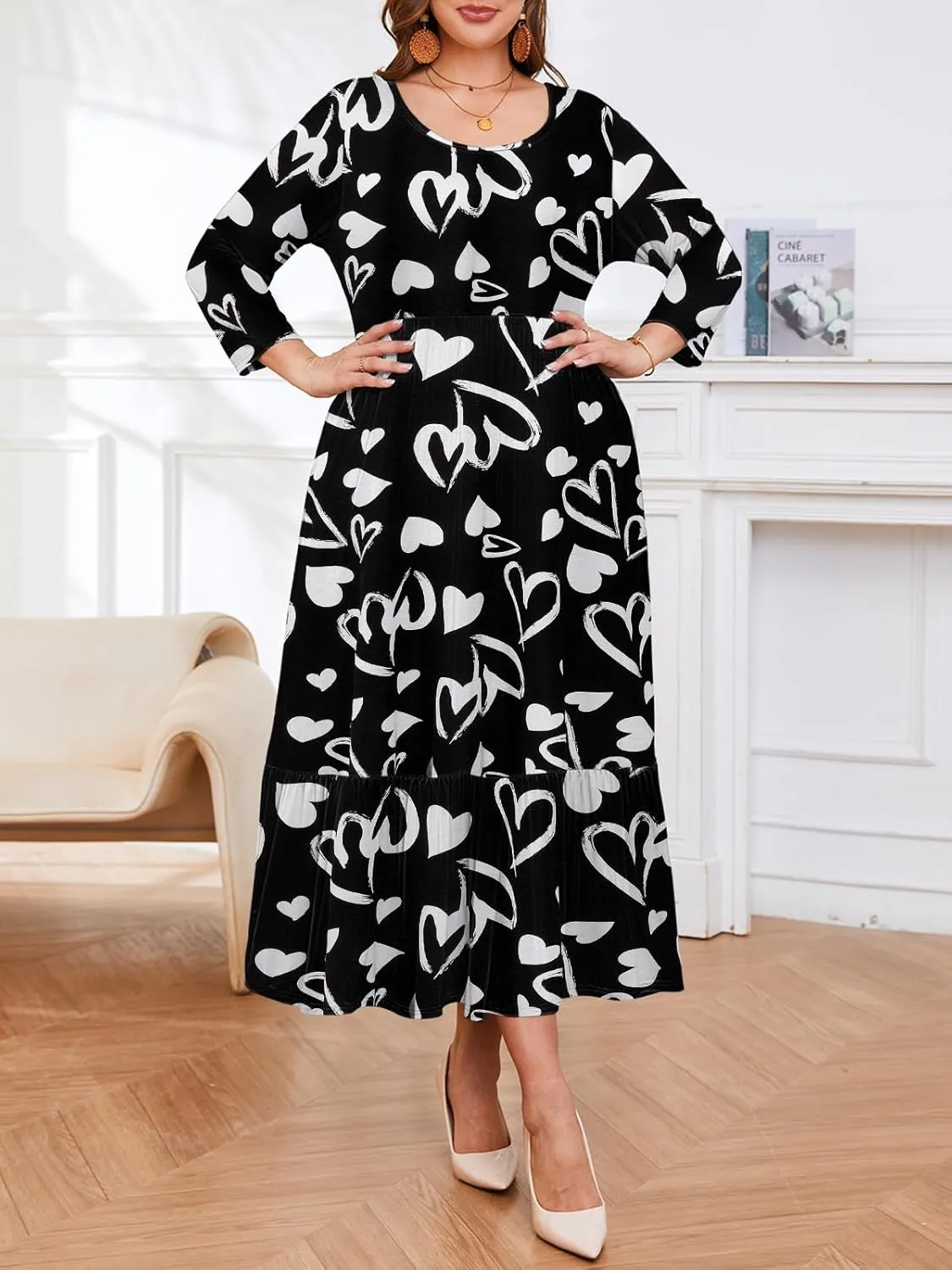 LARACE 3/4 Sleeve Dresses for Women Plus Size Casual Long Maxi Fall Winter Dress with Pockets (L-6XL)